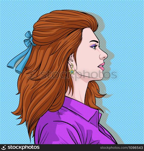 Face side model Pretty girl A beautiful woman Makeup Hairdressing Fashion Women Illustration vector On pop art comic style Dots background
