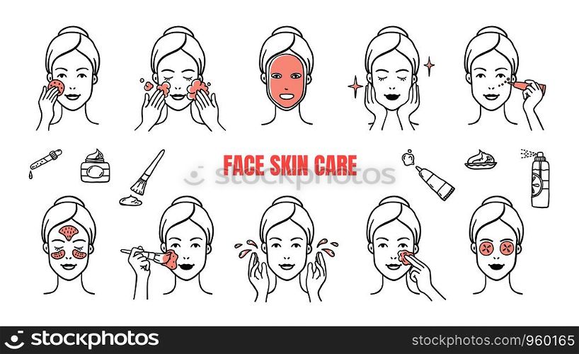 Face skin care icons. Makeup removal and dermatology infographic elements, facial masks and skincare cream. Vector illustration hand drawn symbol set for woman spa instruction apply. Face skin care icons. Makeup removal and dermatology infographic elements, facial masks and skincare cream. Vector hand drawn set