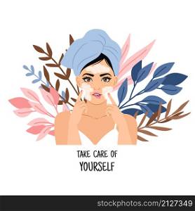 Face spa procedure. Cartoon woman uses cleansing facials for treatment skin, concept of take care of yourself, vector illustration of natural beauty and healthy body. Face spa procedure