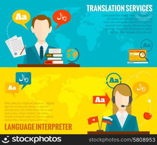 Face to face synchronic translation services and international court legal interpreting flat banners set abstract vector illustration. Translation and dictionary banners set flat