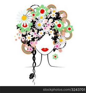 Face woman, floral hairstyle