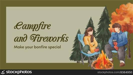 Facebook ads template with bonfire party concept,watercolor style
