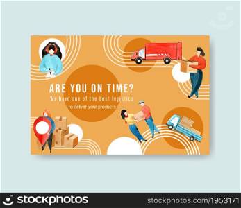 Facebook design template with box, car, transportation staff watercolor illustration.