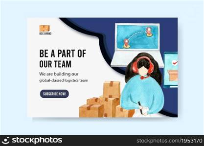 Facebook design template with Logistics watercolor painting of women, box illustration.