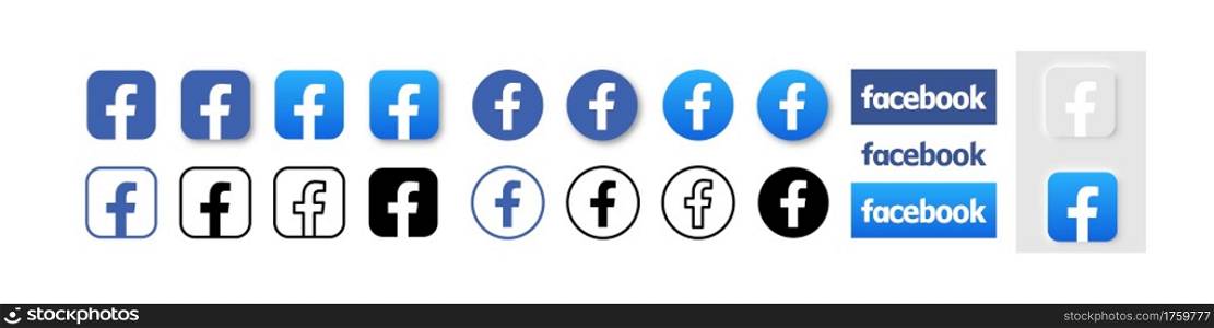 facebook logo vector icon. social media app sign. isolated blue button white background. facebook logotype symbol. Rivne, Ukraine - 18 february 2021