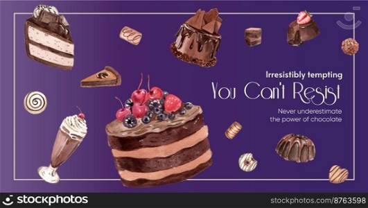 Facebook post template with chocolate dessert concept,watercolor style 