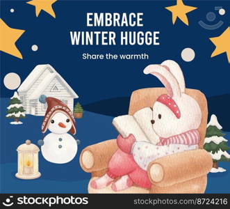 Facebook post template with winter hugge life concept,watercolor style 