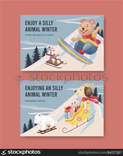 Facebook tempalte with animal enjoy winter concept,watercolor style 