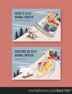 Facebook tempalte with animal enjoy winter concept,watercolor style 