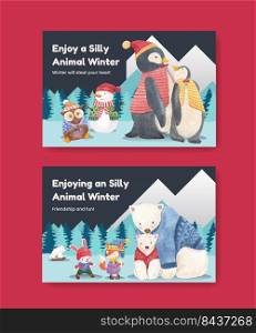 Facebook tempalte with animal enjoy winter concept,watercolor style
