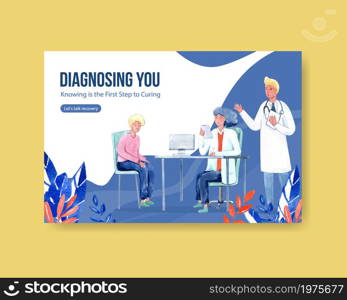 Facebook template illnesses concept design with people and doctor characters infographic symptomatic watercolor illustration