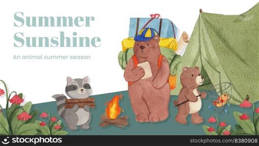 Facebook template with animal camping summer concept,watercolor style

