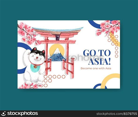 Facebook template with Asia travel concept design for social media and digital marketing watercolor vector illustration 