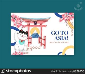 Facebook template with Asia travel concept design for social media and digital marketing watercolor vector illustration 