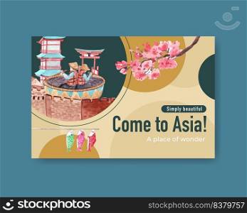 Facebook template with Asia travel concept design for social media and digital marketing watercolor vector illustration
