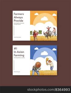 Facebook template with Asian farmer concept,watercolor style 
