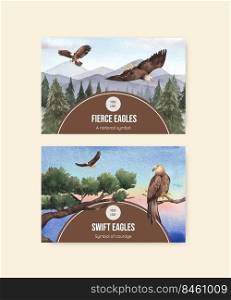 Facebook template with bald eagle concept,watercolor style. 
