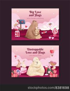 Facebook template with big love hug valentines day concept,watercolor style 