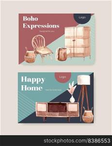 Facebook template with boho furniture concept design for social media and online marketing watercolor vector illustration

