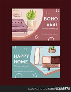 Facebook template with boho furniture concept design for social media and online marketing watercolor vector illustration 