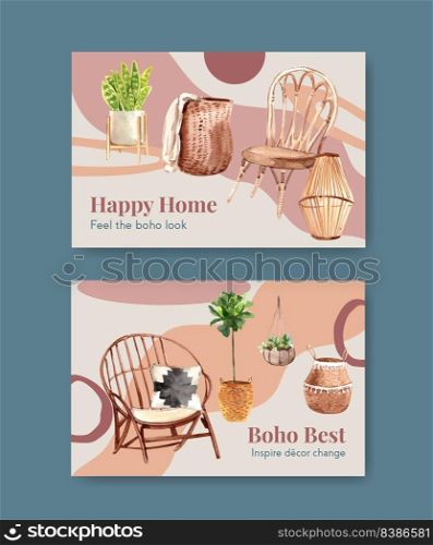 Facebook template with boho furniture concept design for social media and online marketing watercolor vector illustration

