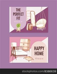 Facebook template with boho furniture concept design for social media and online marketing watercolor vector illustration 