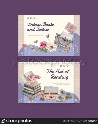 Facebook template with book letter vintage concept,watercolor style 