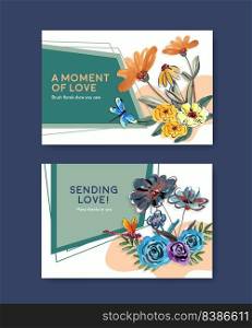 Facebook template with brush florals concept design for social media and community watercolor vector illustration 