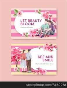 Facebook template with cherry blossom concept design for social media and community watercolor vector illustration 