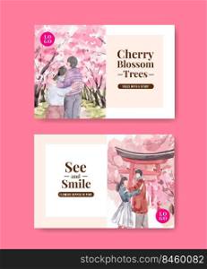 Facebook template with cherry blossom concept design for social media and community watercolor vector illustration 