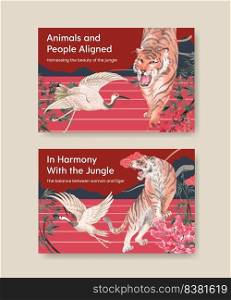 Facebook template with Chinese woman and tiger concept,watercolor style  