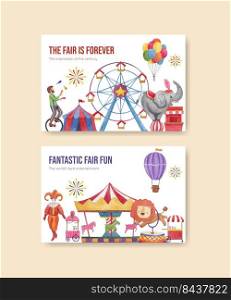 Facebook template with circus funfair concept,watercolor style 