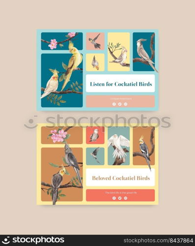 Facebook template with cockatiel bird concept,watercolor style 
