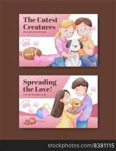 Facebook template with cute dog and cat hugging concept,watercolor style 