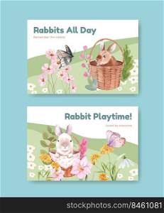 Facebook template with cute rabbit concept,watercolor style 