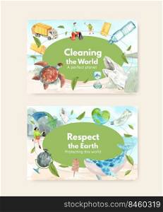Facebook template with Earth day  concept design for social media and community watercolor illustration

