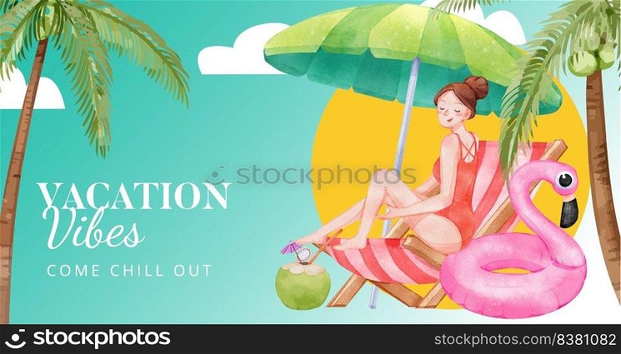 Facebook template with enjoy summer holiday concept,watercolor style    
