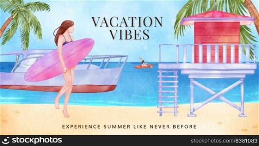 Facebook template with enjoy summer holiday concept,watercolor style



