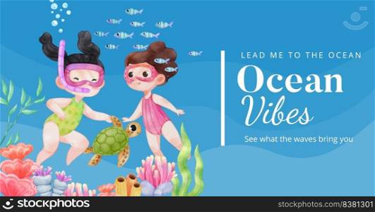 Facebook template with explore ocean world concept,watercolor style 