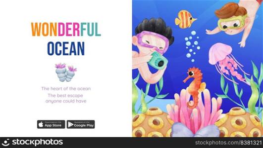 Facebook template with explore ocean world concept,watercolor style
