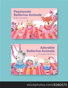 Facebook template with Fairy ballerinas animals concept,watercolor style 