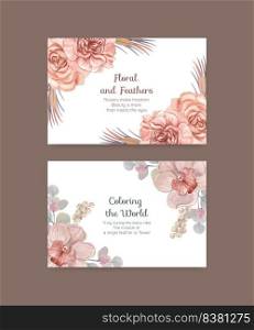 Facebook template with floral feather boho concept,watercolor style
