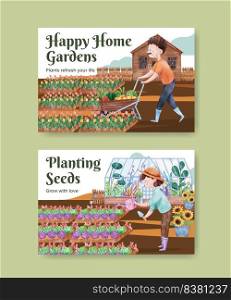 Facebook template with gardening home concept,watercolor style 