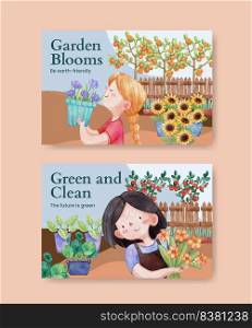 Facebook template with gardening home concept,watercolor style
