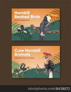 Facebook template with hornbill bird concept,watercolor style  