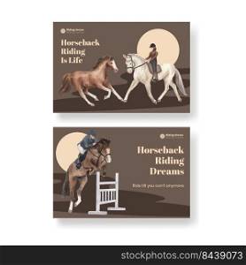 Facebook template with horseback riding concept,watercolor style
