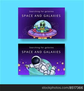 Facebook template with kids explore galaxy concept,watercolor style 