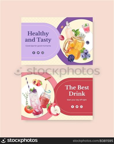 Facebook template with Kombucha drink concept,watercolor style 