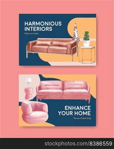 Facebook template with luxury furniture concept design social media and online marketing watercolor vector illustration 