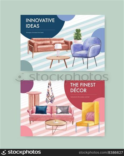 Facebook template with luxury furniture concept design social media and online marketing watercolor vector illustration 